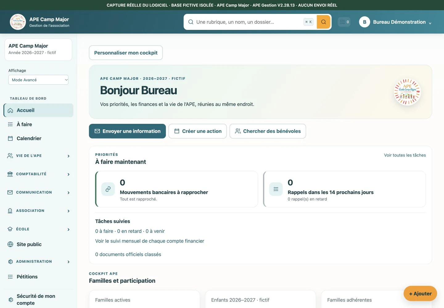 Interface réelle APE Camp Major, sur données fictives isolées