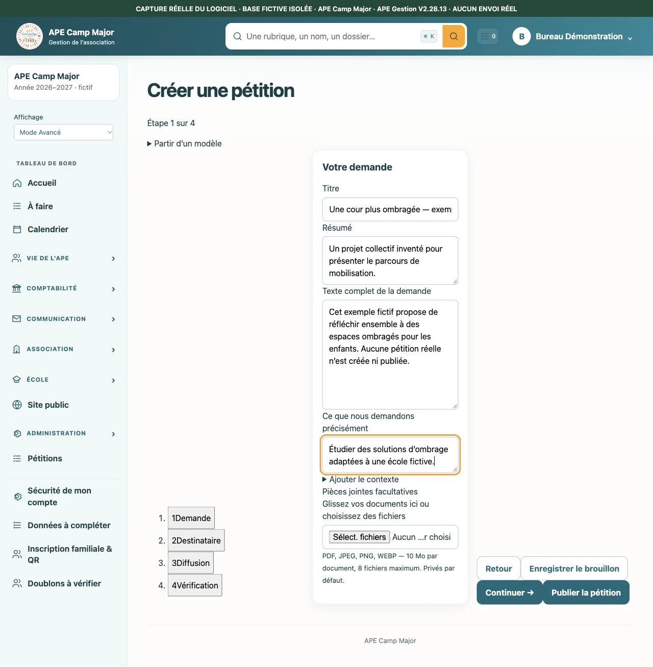 Interface réelle APE Camp Major, sur données fictives isolées