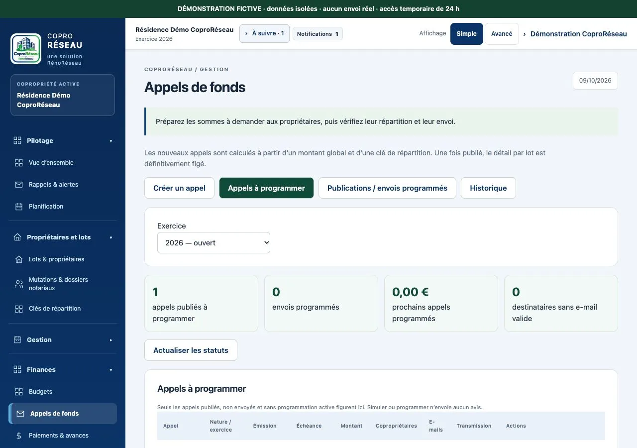 Appel de fonds fictif avec ses quotes-parts et actions de simulation
