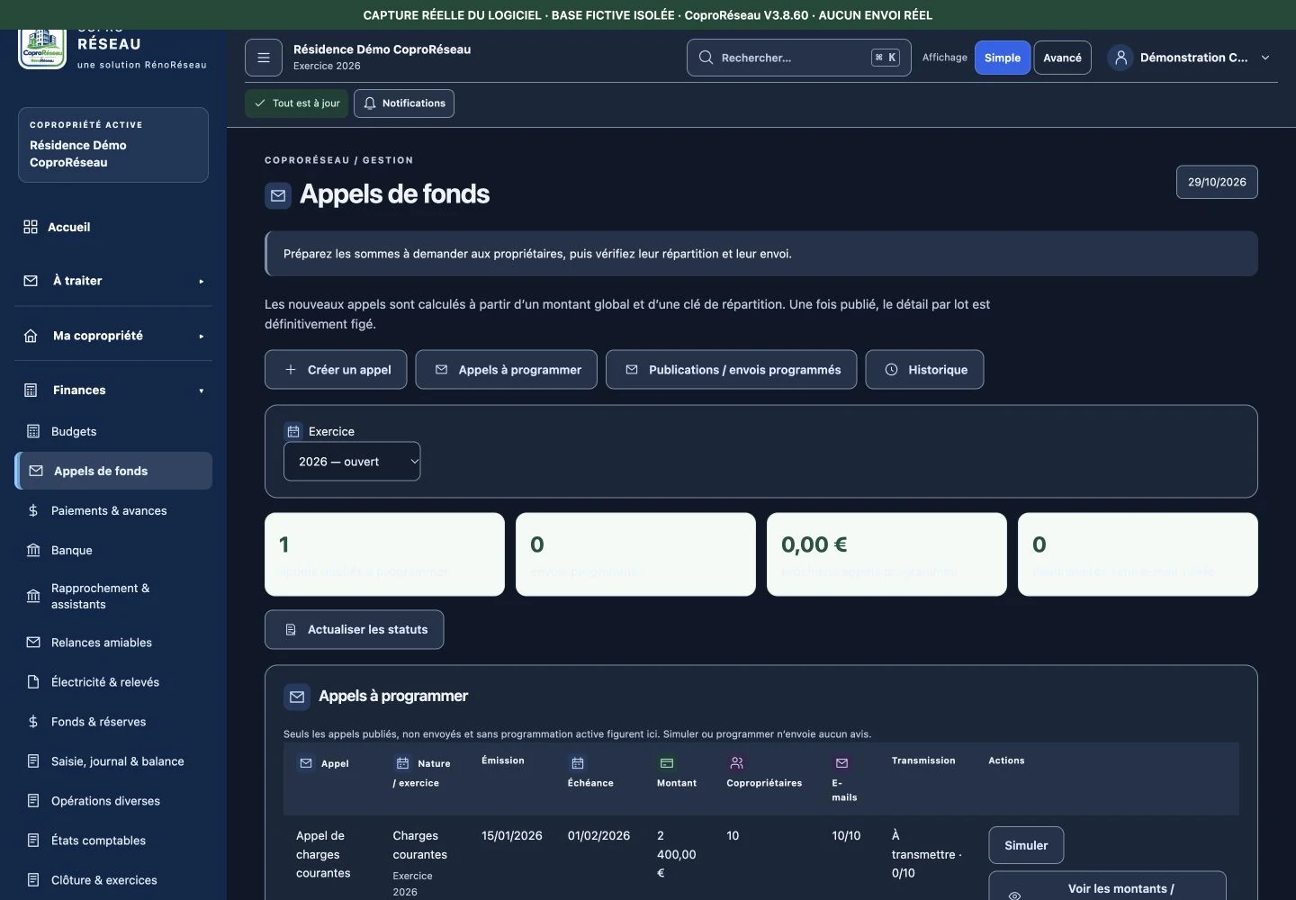 Appels de fonds dans CoproRéseau V3.8.60 sur données fictives isolées