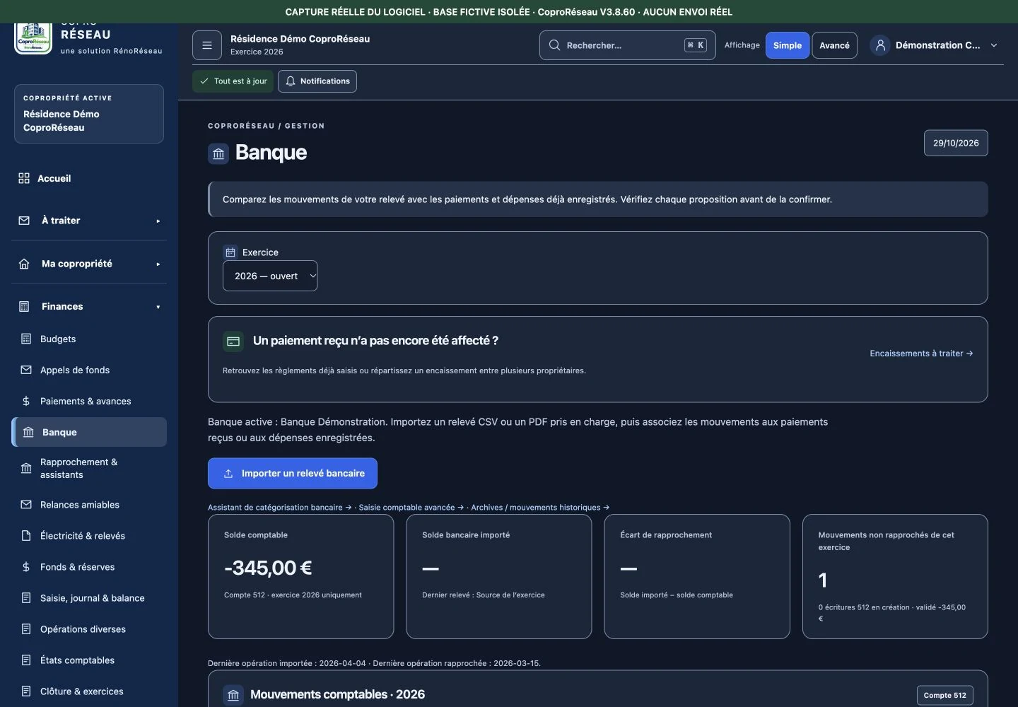 Banque et rapprochement dans CoproRéseau V3.8.60 sur données fictives isolées