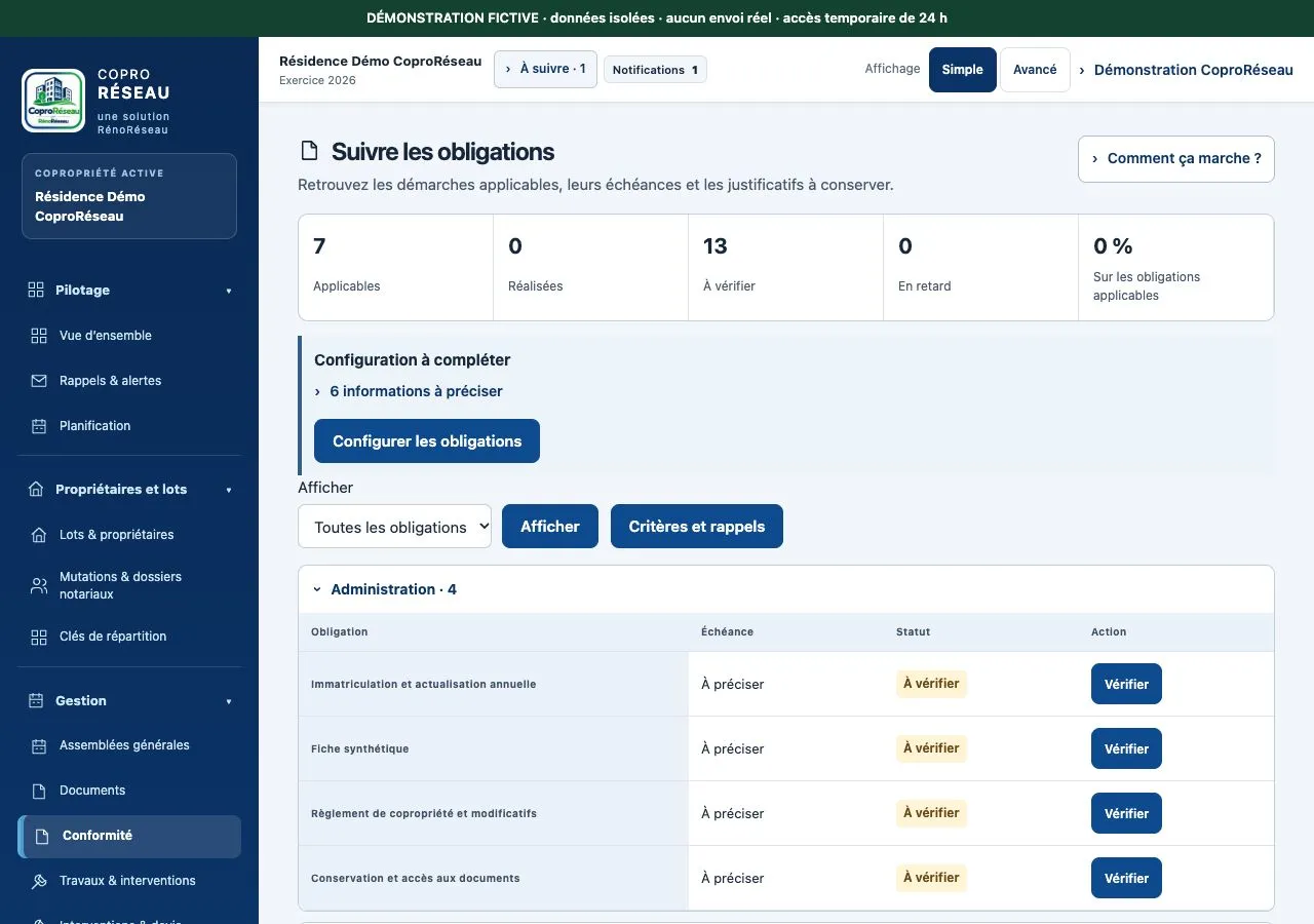 Suivi de conformité fictif avec obligations à vérifier