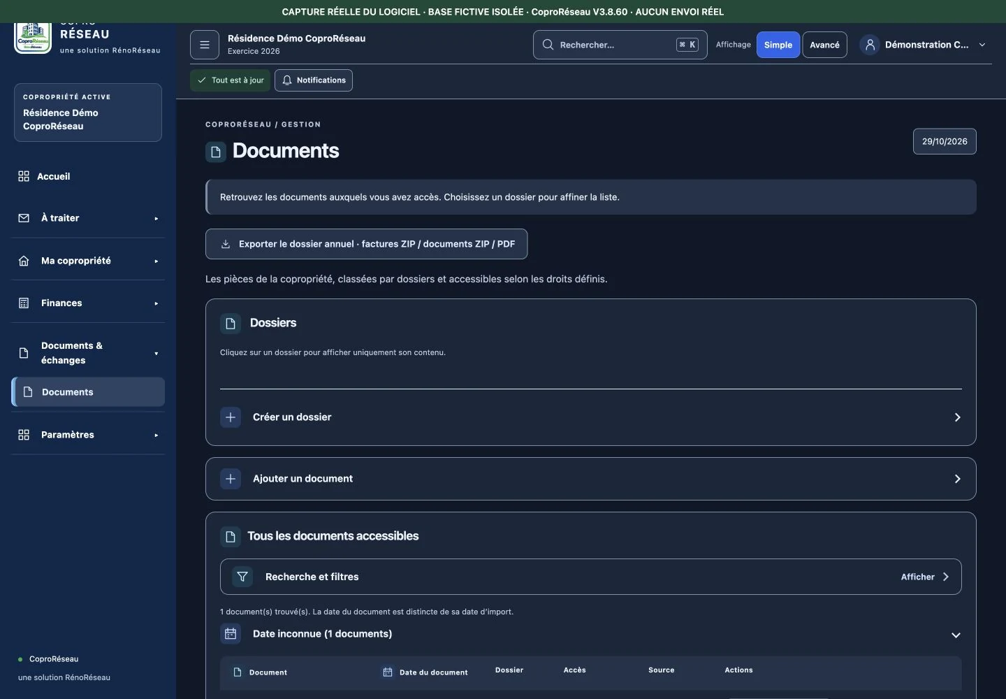 Gestion documentaire dans CoproRéseau V3.8.60 sur données fictives isolées