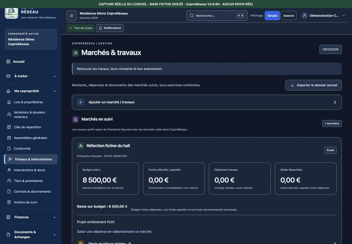 Marchés de travaux dans CoproRéseau V3.8.60 sur données fictives isolées